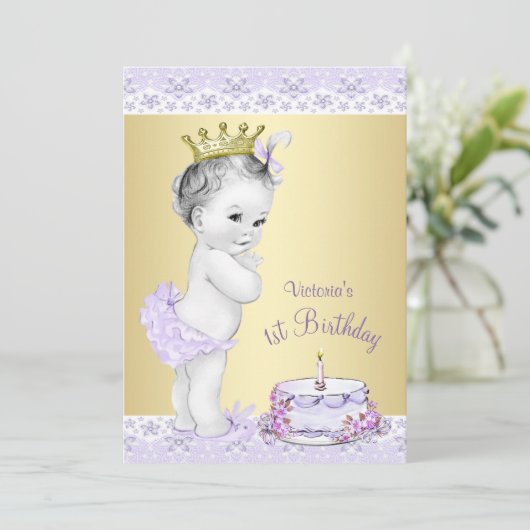 Girls Lavender Gold First Birthday Invitations (Debout devant)