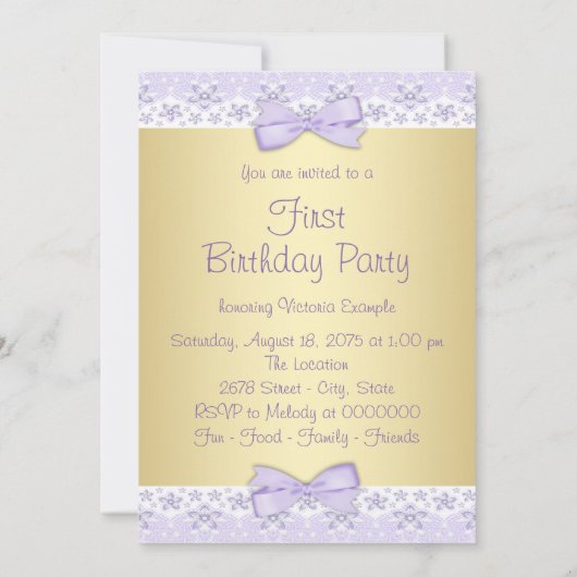Girls Lavender Gold First Birthday Invitations (Dos)