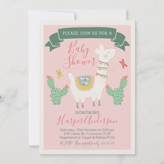 Girls Llama en cactus Baby shower Invitation Kaart (Voorkant)