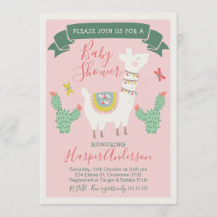Girls Llama en cactus Baby shower Invitation Kaart