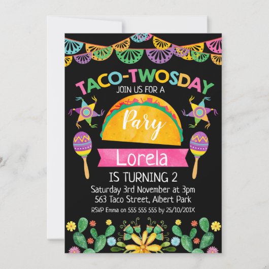Girls Mexican Taco Twosday 2nd Birthday Invitation (Devant)