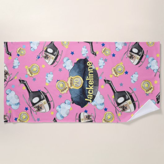 Girl's Name Cute Blue Police Hat Beach Towel Strandlaken (Voorkant)