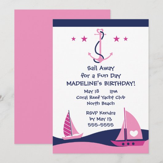 Girls Nautical Party Kaart (Voorkant / Achterkant)