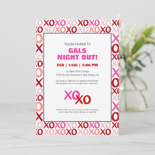 Girls Night Out XOXO Roze Schattige Galentijn Day Kaart (Staand voorkant)