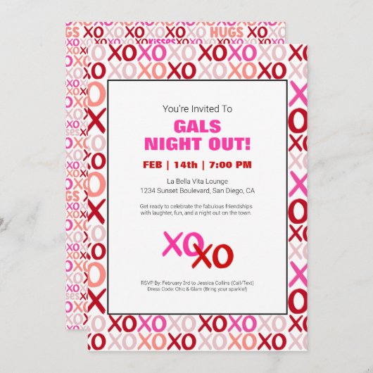 Girls Night Out XOXO Roze Schattige Galentijn Day Kaart (Voorkant / Achterkant)