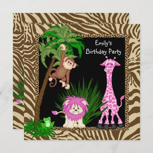 Girls Oerwoud Safari Verjaardagsfeestuitnodigingen Kaart (Voorkant / Achterkant)