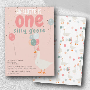 Girl's One Gekke Goose 1st Birthday Party Roze Kaart
