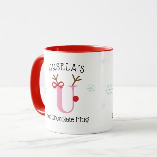 Girls Personalized Reindeer U Hot Chocolate Mug Mok (Voorkant links)