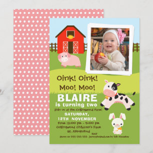 Girls Photo Farmyard Birthday Invitation Kaart