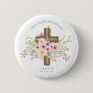 Girls Pink floral BAUTIZO Baptism Bautismo Named Ronde Button 5,7 Cm