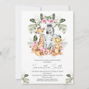 Girls Pink Floral Safari Wild One Baby shower Kaart