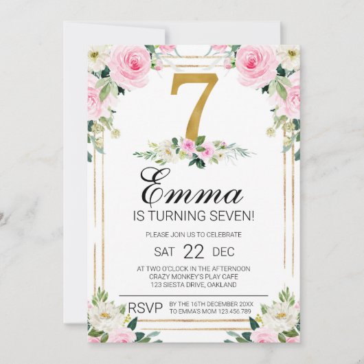 Girls Pink & Gold 7th Birthday Invitation (Devant)