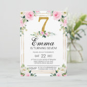 Girls Pink & Gold 7th Birthday Invitation (Debout devant)