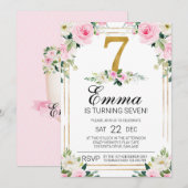 Girls Pink & Gold 7th Birthday Invitation (Devant / Derrière)