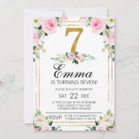 Girls Pink & Gold 7th Birthday Invitation