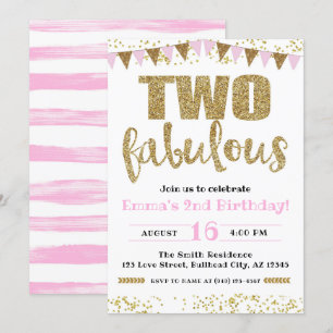 Girl's Pink & Gold Two Fabulous 2nd Birthday Kaart