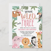 Girls Pink Green Young Wild Three 3rd Birthday Kaart (Voorkant)