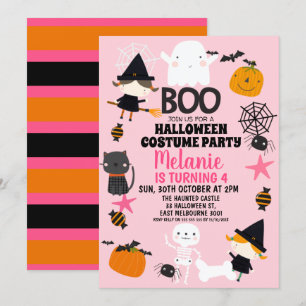 Girls Pink Oranje Halloween Birthday Uitnodiging