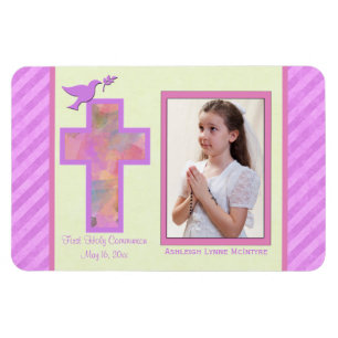 Girls Pink Striped 1st Heilige Commune Foto Magnet Magneet