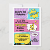 Girls Pink Superhero 5e anniversaire Invitation