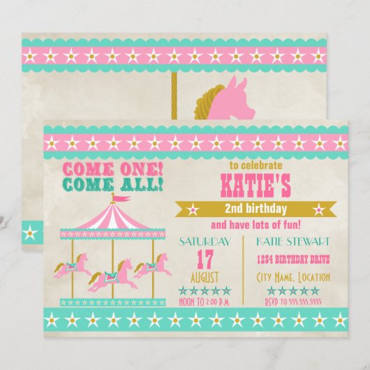 Girl's Pink Turquoise Gold Carousel Party Kaart (Voorkant / Achterkant)
