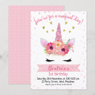 Girls Pink Unicorn Face Birthday Uitnodiging