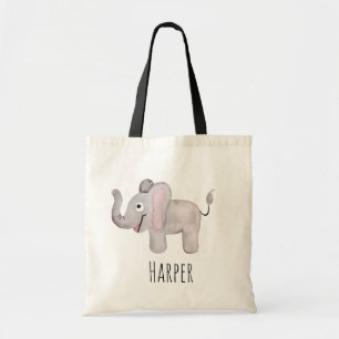 Girl's Pink Waterverf Baby Elephant Safari Name Tote Bag