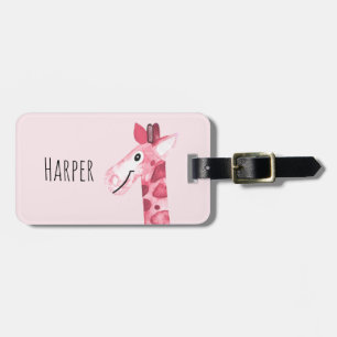 Girl's Pink Waterverf Giraffe Safari & Kinder naam Bagagelabel