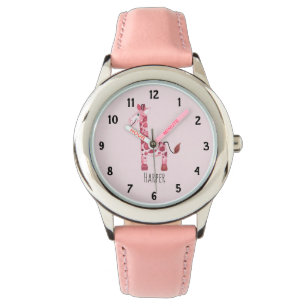 Girls Pink Waterverf Safari Giraffe en naam Kinder Horloge