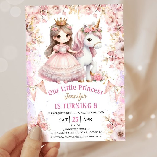 Girls Princess Unicorn 8e anniversaire Invitation