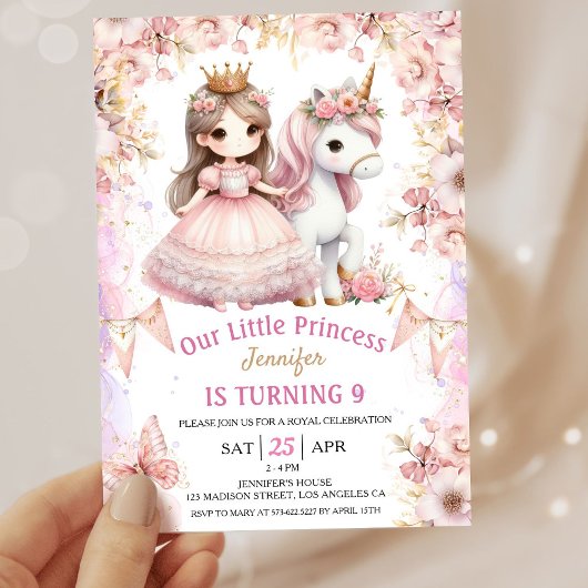 Girls Princess Unicorn 9e anniversaire Invitation