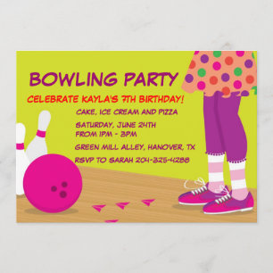 Girl's Retro Bowling Birthday Party Kaart