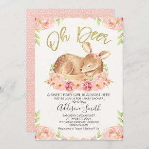 Girls Rustic Floral Deer Baby shower Invitation Kaart