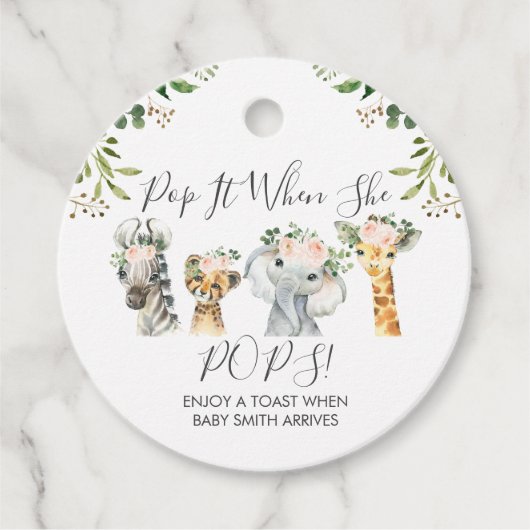 Girls Safari Animals Pop It Baby shower Bedankjes Labels (Voorkant)