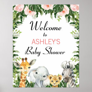 Girls Safari Floral Baby shower Welcome Poster