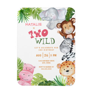 Girls Safari Oerwoud Two Wild 2e verjaardag Invite Magneet