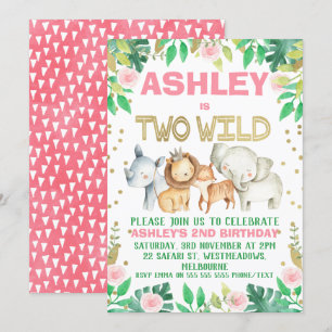 Girls safari twee wilde 2e verjaardag uitnodiging