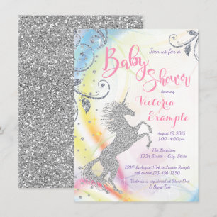 Girls Silver Unicorn Baby Shower Invitations Kaart