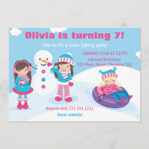 Girls Snow Tubing Invitation Kaart