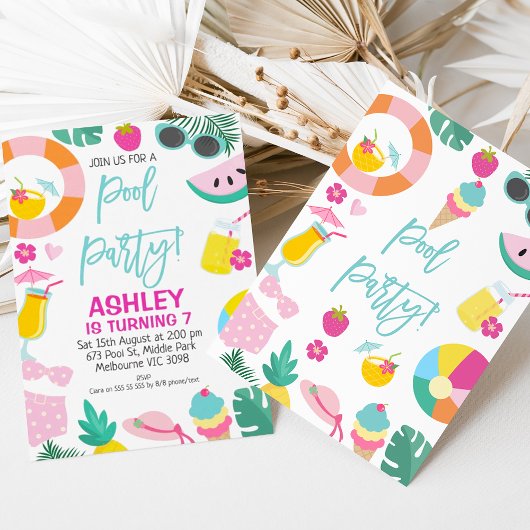 Girls Summer Pool Party Birthday Invitation Kaart