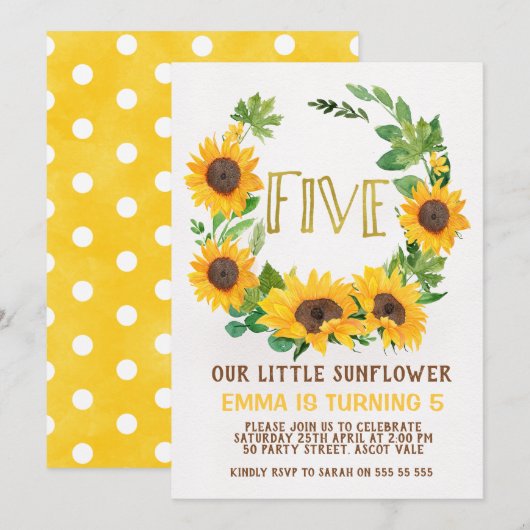Girls Sunflower Wreath 5th Birthday Invitation (Devant / Derrière)