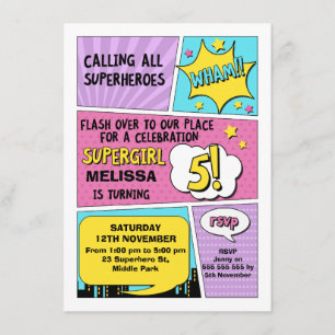 Girls Superheld 5th Birthday Invitation Kaart