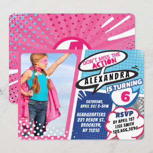 Girl's superheld Comic Photo Birthday Invitation Kaart
