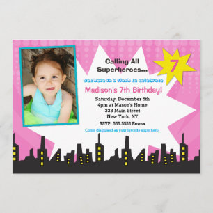 Girls Superheld Photo Birthday Party Invitations Kaart