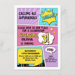 Girls Superhero 3ème anniversaire Invitation