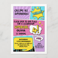 Girls Superhero 4e anniversaire Invitation