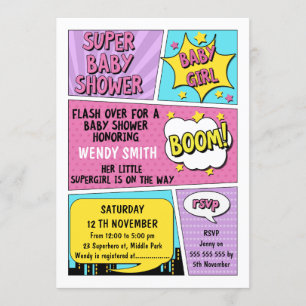 Girls Superhero Baby shower Invitation Kaart
