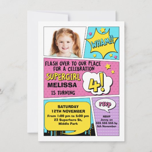 Girls Superhero Photo 4e anniversaire Invitation (Devant)