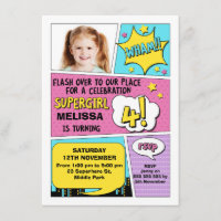 Girls Superhero Photo 4e anniversaire Invitation
