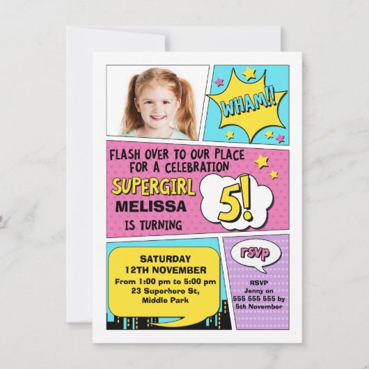 Girls Superhero Photo 5e anniversaire Invitation (Devant)